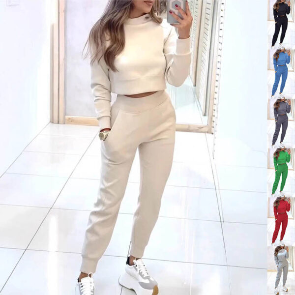 Stand Collar Sports Suit Fashion Pul Long-Sves Top and Slim Ters with Pockets Solid Out Women's Clothing.