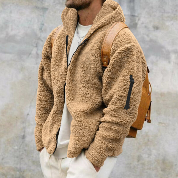 Men's Autumn and Winter Plush Hooded Jacket, Double-sided Fleece Warm Coat Zipper, Loose Casual Jacket, Outdoor Clothing.
